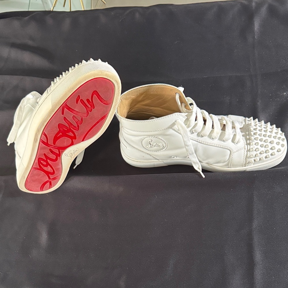 Christian Louboutin White Leather Spike-Stud High-Top Sneakers with Red Sole